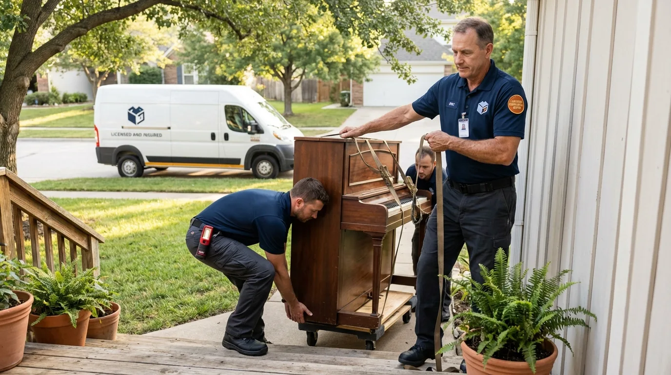 Licensed piano movers securing grand piano in Crawfordville, FL