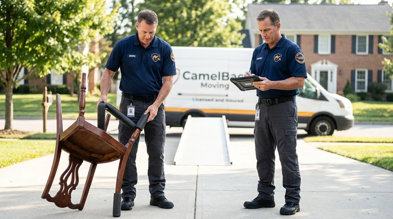 Movers inspecting furniture for damage prevention before loading in Crawfordville, FL