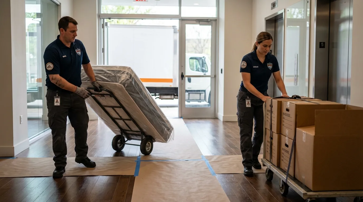 Professional apartment movers loading elevator in Crawfordville, FL