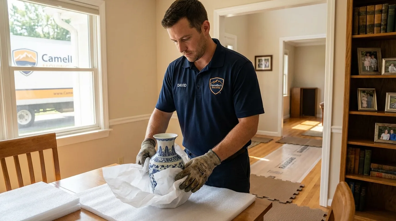 Professional crew carefully wrapping antique vase for senior downsizing move in Crawfordville, FL
